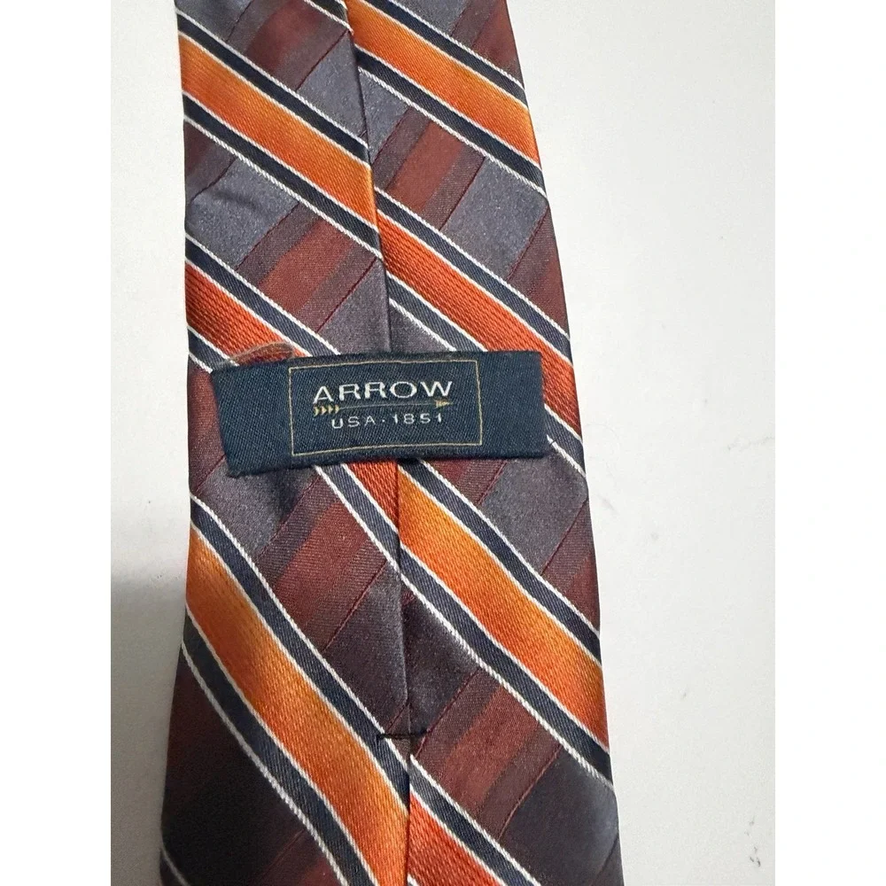 Arrow Mens Silk Necktie Orange Grey Brown Striped Formal Business Tie
